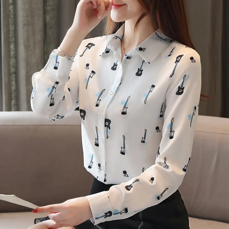 Blusas Mujer De Moda осенние модные женские рубашки с длинным рукавом и отложным воротником, повседневные набивные шифоновые блузки 6198 50