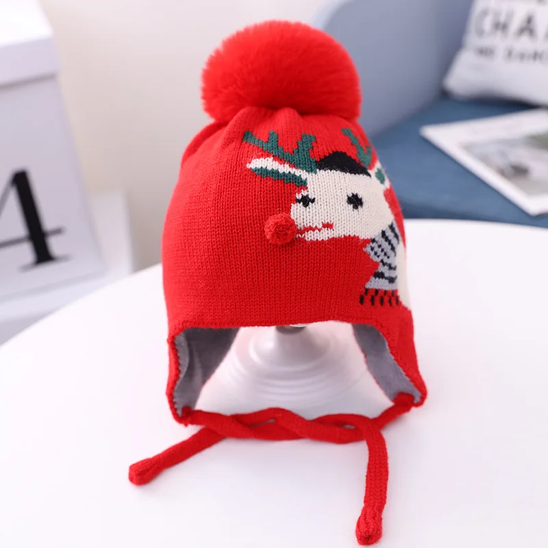 

Children's Christmas Hat Baby Knitted Cap Deer Pattern Reindeer Cute Warm Lace-up Baby Ear Protection Headgear Autumn Winter