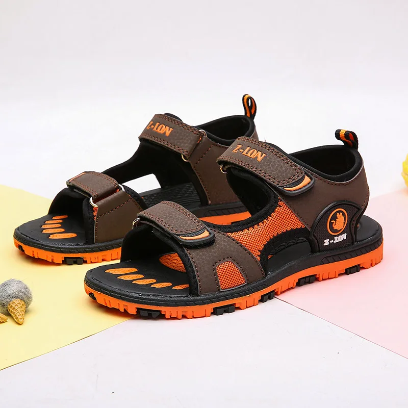 Black and orange Детская обувь весна и лето новые модные милые студенческие пляжные походные сандалии - Цвет: Black and orange