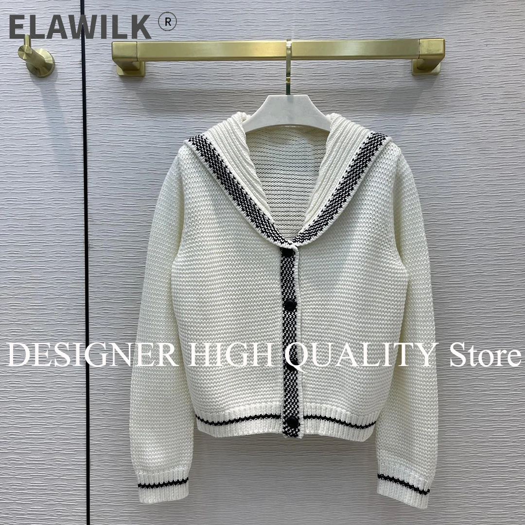 

Top Quality 80% Wool Knit Cardigans Women Sailor Collar Stripe Patchwork Buttons Short Design Casual Autumn Sweater