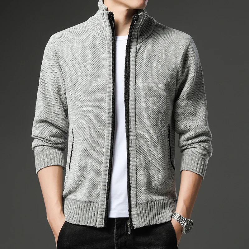 Winter Coat Men's Fleece Sweater Stand Collar Casual Zipper Knit Cardigan Fashionable Blazers Youth solid Male Jacket