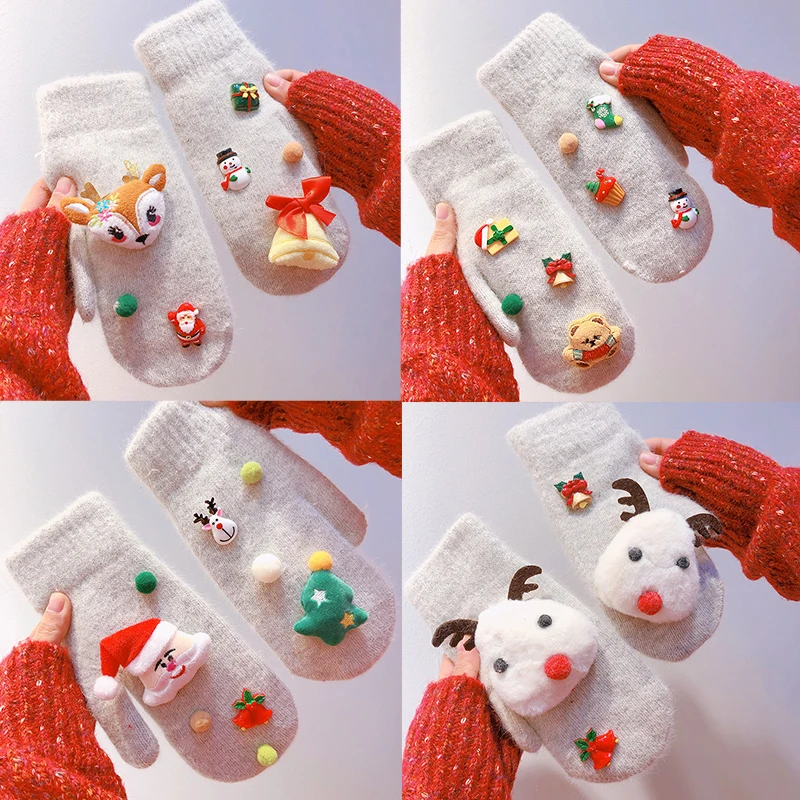 

Рождественский подарок милые зимние женские шерстяные перчатки Санта-Клаус плюс бархатные утепленные лосиные варежки теплые ветрозащитны...