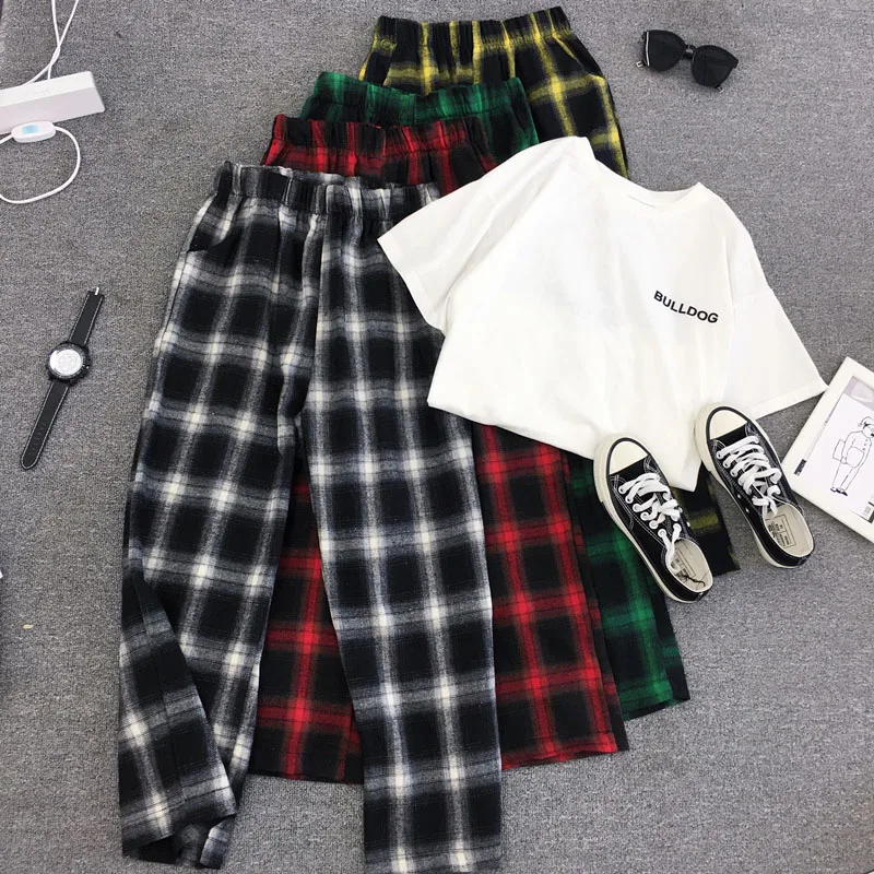 Брюки женские клетчатые с завышенной талией и широкими штанинами | Женская