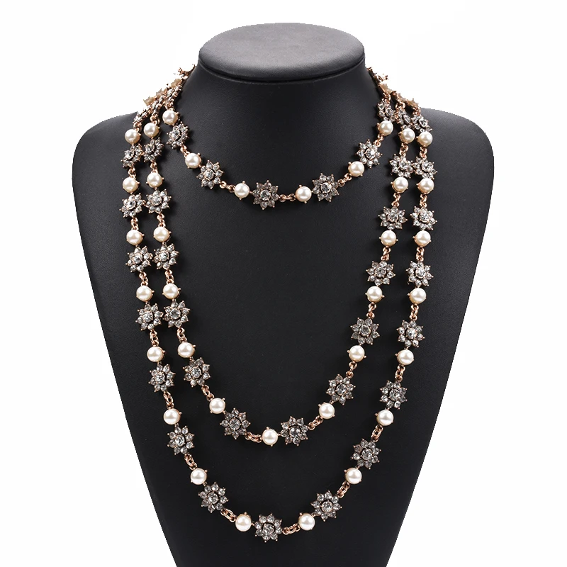 

Fashion Multilayer Simulated Pearls Crystal Long Chain Choker Necklace Women Vintage Statement Maxi Indian Ethnic Necklace Woman
