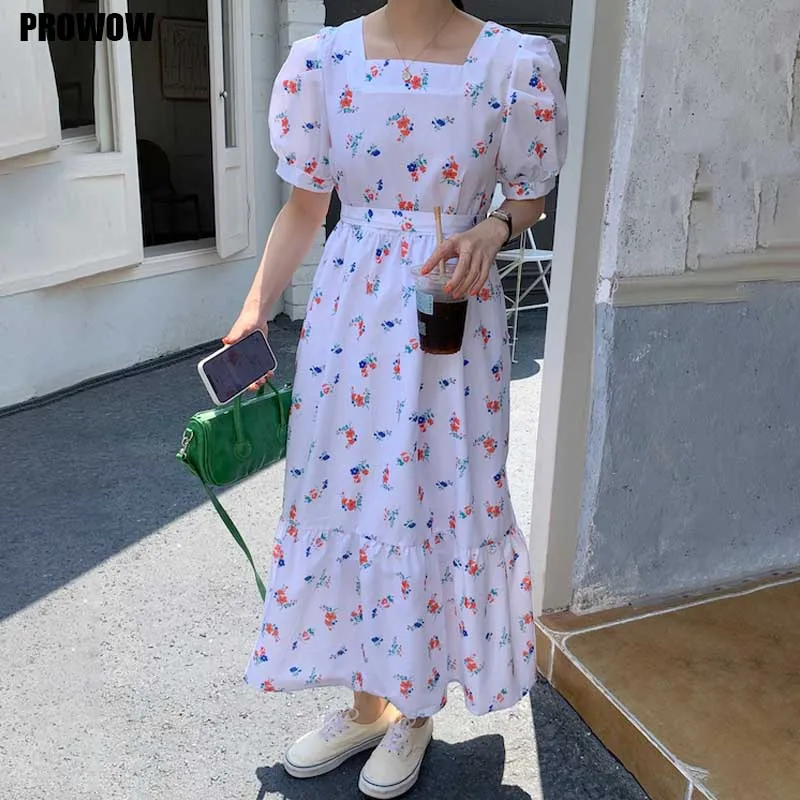 Vestidos coreanos de una pieza para mujer, vestido elegante con estampado Floral y mangas abullonadas, novedad de verano de 2021