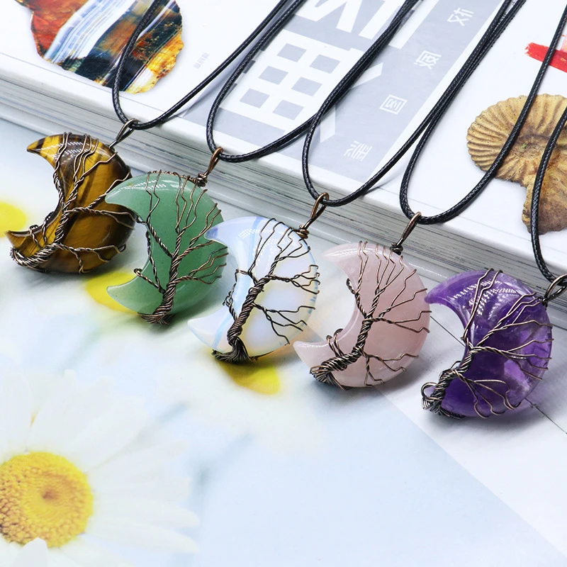 

Natural Crystal Pendant Tree Of Life Moon Shape Reiki Polished Mineral Jewelry Healing Stone Men Women Jewelry Gift Home Decor