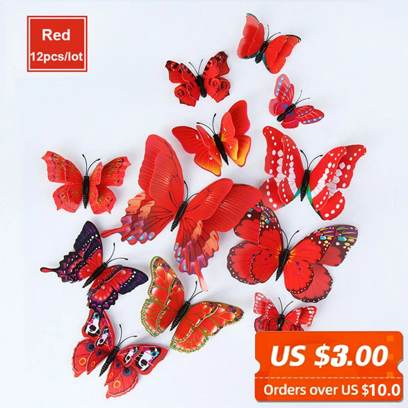 

12 pcs/pack 3D Red Butterfly Wall Sticker High Quality PVC Waterproof Simulation Butterfly Home Decoration Sticker