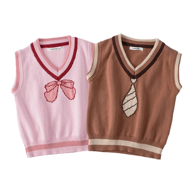 

Sweety Girls Knitted Waistcoat Spring Autumn Boys Vest School Clothing Children Tie Bow Cut Pullover Sweater Kids Casual 1-7Y