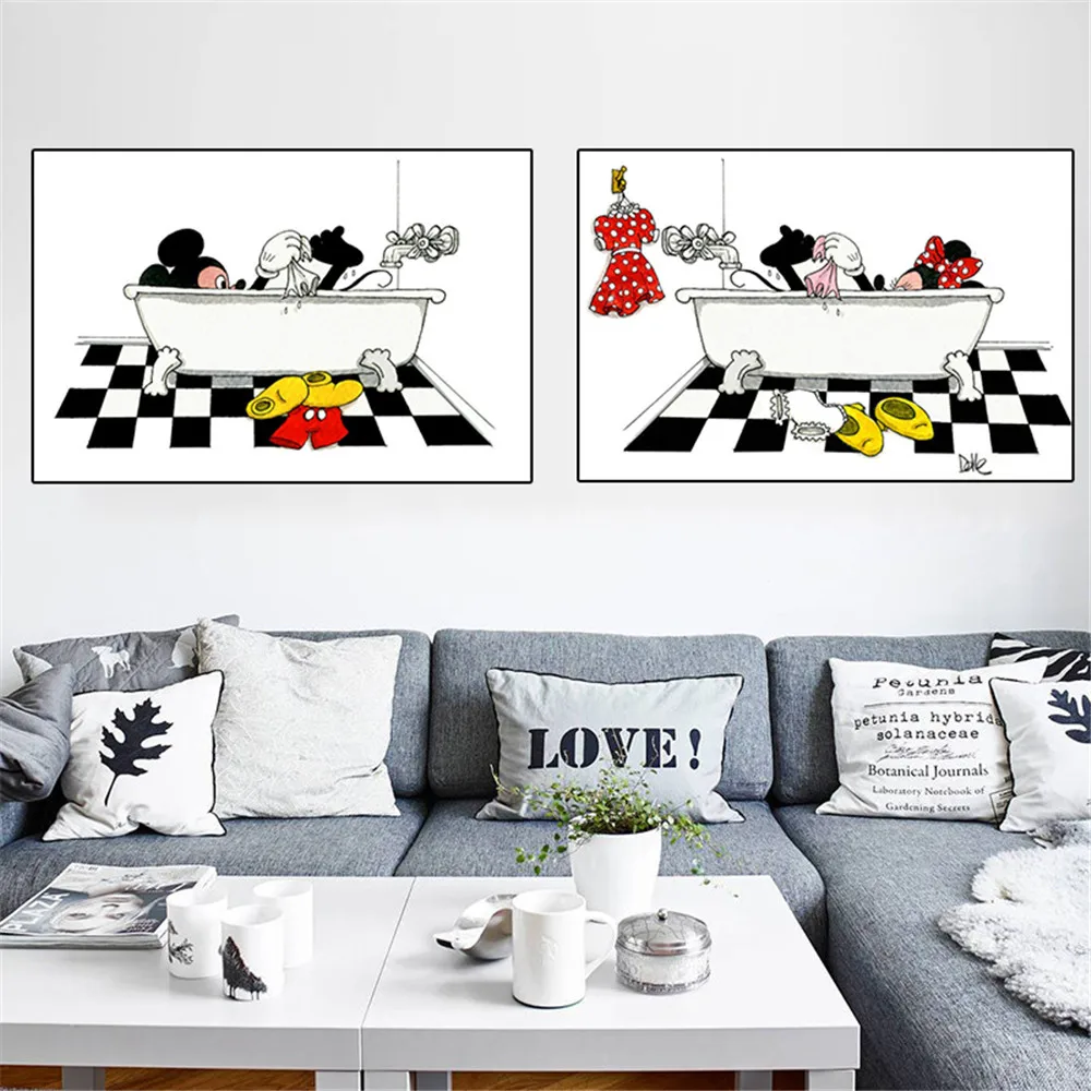 Mickey And Minnie Mouse Take A Bath Together Funny Poster In The Toilet Canvas Painting Bathroom Decoration | Дом и сад