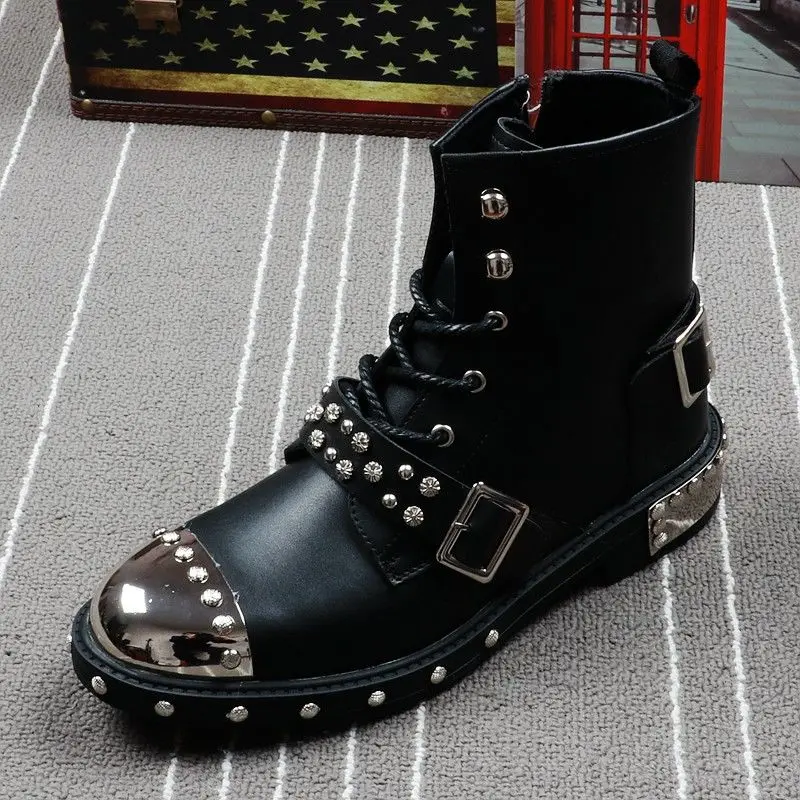 Spring Men's Punk Rivet Style Metal Motorcycle Martin Fashion High Top Short Boots Genuine Leather