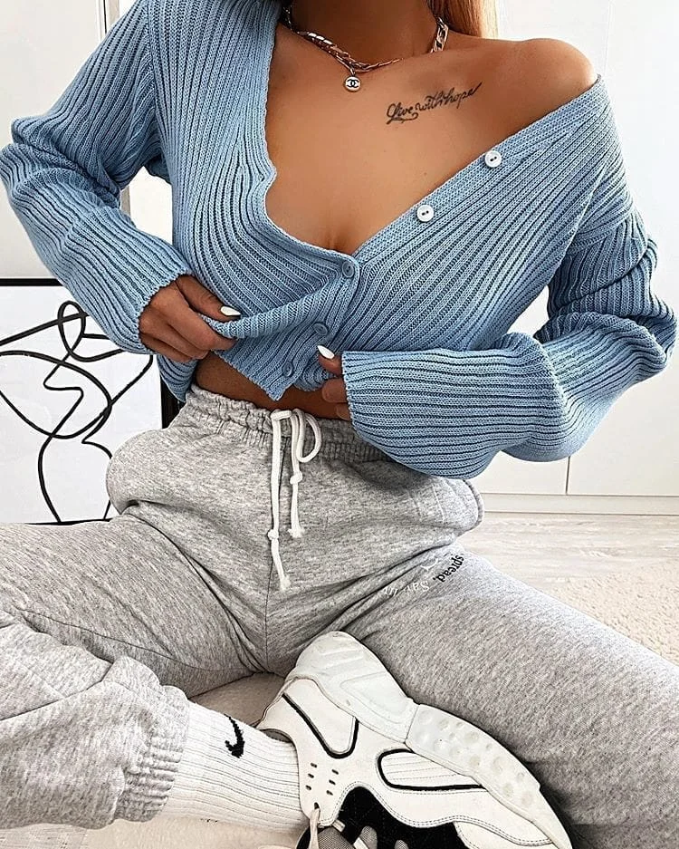 Женский вязаный комплект одежды Сексуальная футболка с v образным вырезом