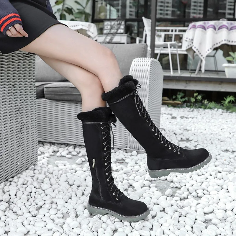 

Winter Womens Snow Boots Vintage Cross Strap Kid Suede Knee High Boots Warm Fleece Liner Fashion High Top Shoes Chelsea Boots
