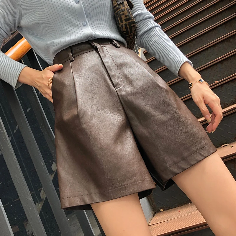 

2021 Winter Spring Women's Leather Half Leather Shorts Kahiq Shorts PU Elastic High Waisted Wide Leg Loose Female Short Pants