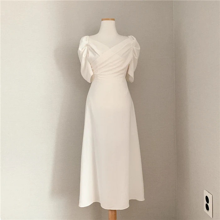 

2021 Summer Women V-Neck Puff Sleeve Sexy Long Dress Slim Women Pure Color Short Sleeve Women Chiffon Maxi Dress Vestidos