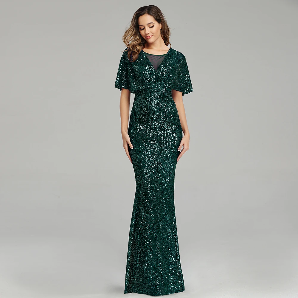 Вечернее платье с блестками и круглым вырезом женское официальное V образным