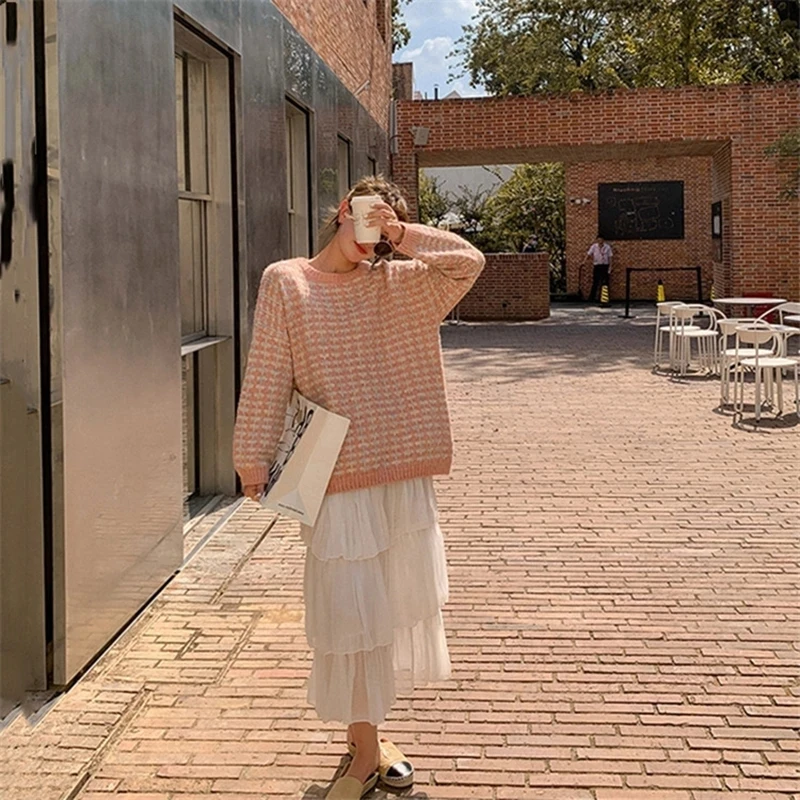 

AECU Spring Women Geometric Khaki Knitted Sweater Women Casual Lady Plus Size Loose Pullover Sweater Female Winter Retro Jumper
