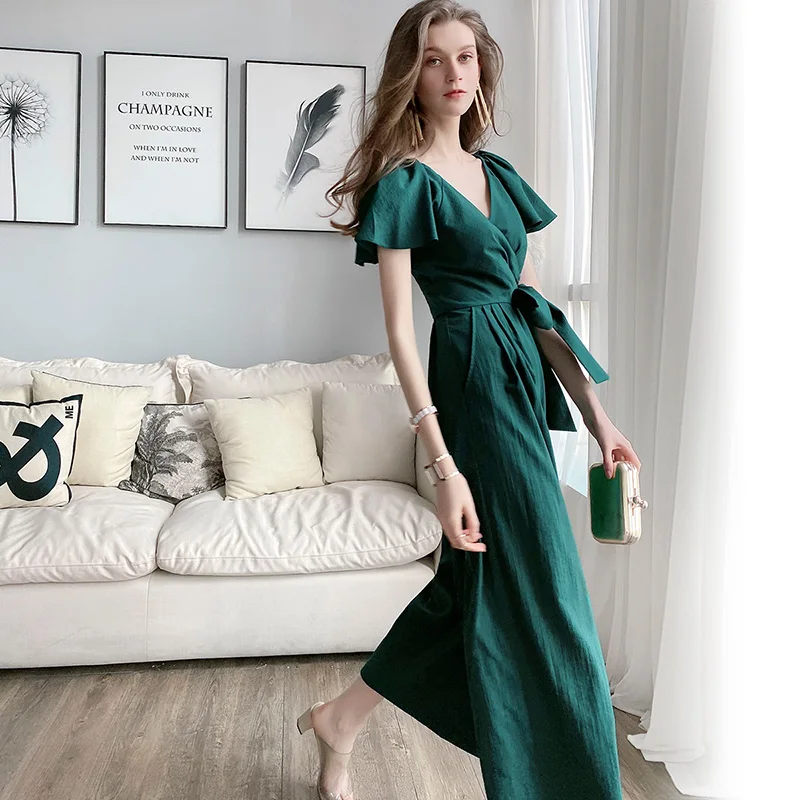 

Dabuwawa Vintage Deep V-Neck Wide Leg Jumpsuit Women High Waist Long Trousers High Street Puff Sleeve Jumpsuits Female DT1BJP008