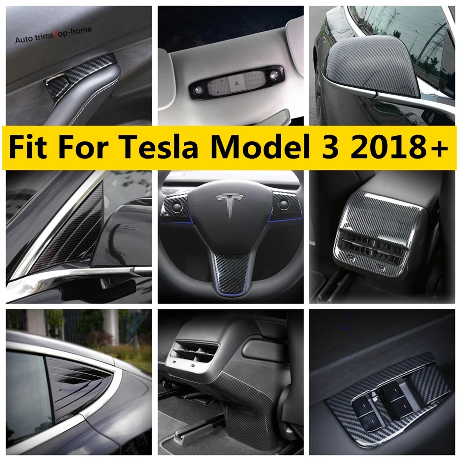

Yimaautotrims Carbon Fiber Look Refit Kit Lift Button Panel / Handle / Steering Wheel Cover Trim For Tesla Model 3 2018 - 2021