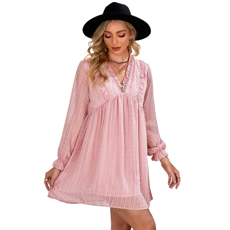 

Boho Summer Dress 2021 Ruffles Print V Neck Chiffon Midi Dress Women Wrist Flare Sleeve Empire Holiday Beach Dresses For Women