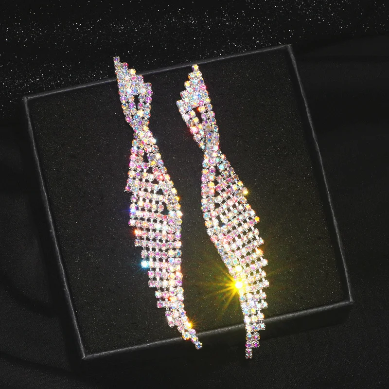 2020 Luxury Bling Colorful Crystal Rhinestone Long Tassel Earrings For Women Bridal Big Drop Dangle Wedding Jewelry | Украшения и