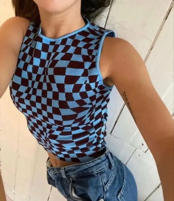 

Vintage Plaid Printed Knitted Tank Tops Summer Harajuku Sleeveless Crop Tee Streetwear Y2K Aesthetic Cute Vest 2021 New Trendy