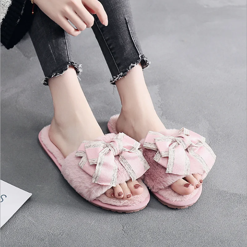 Hotsale Promotion Plush bow Slippers  Home Slipper cute House Shoes for Women Men