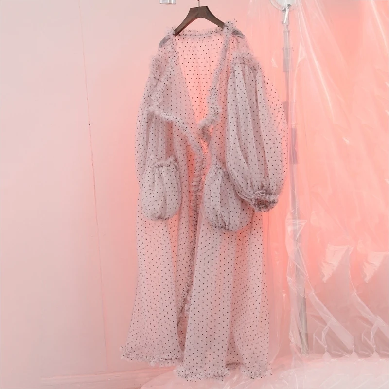 Женский кардиган LANMREM длинный прозрачный с рукавом фонариком и сеточкой в