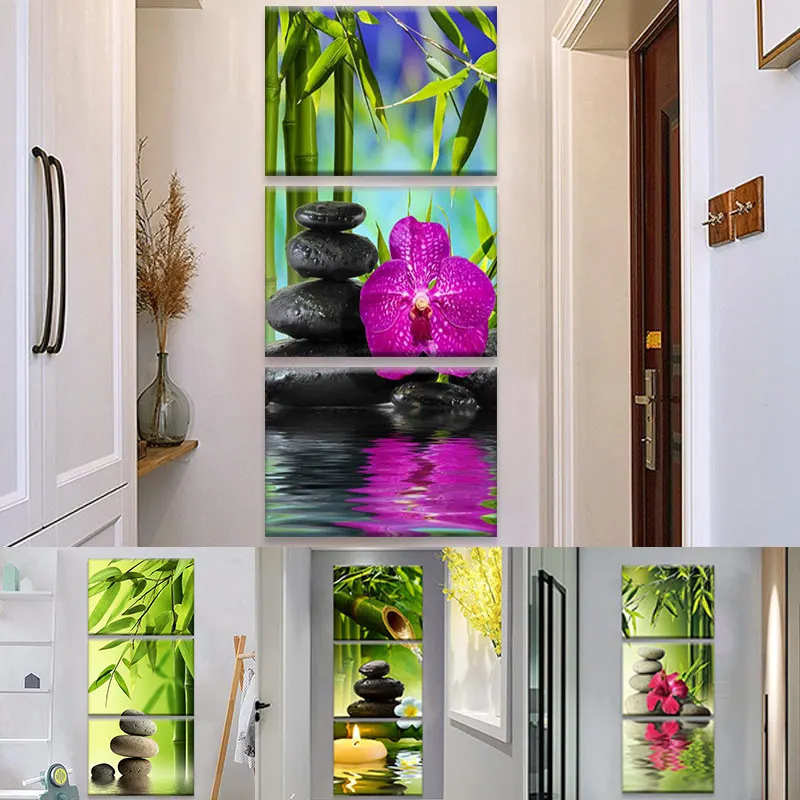 3 шт. зеленые картины Серенити дзен на холсте с рисунком цветов бамбука и камней