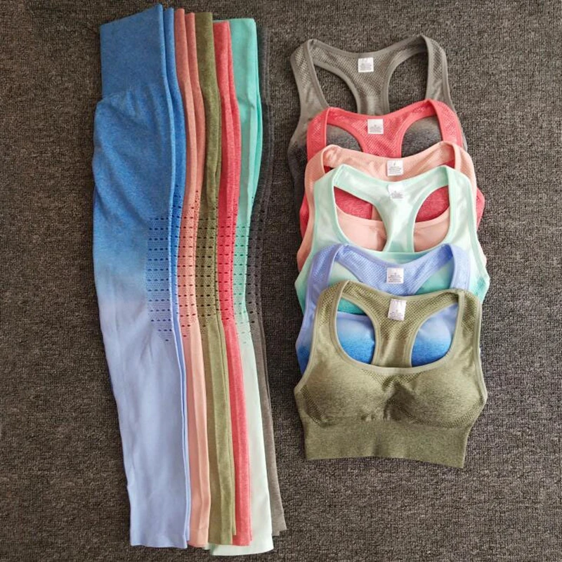 Новинка 2019 комплект для йоги бесшовные леггинсы с эффектом омбре бюстгальтер