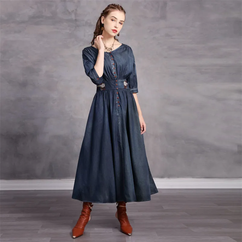 

Vintage Denim Long Dress 2020 Autumn Women's Slim Embroidery Dresses S82267 Female Single Breasted O neck Half SLEEVE Dress