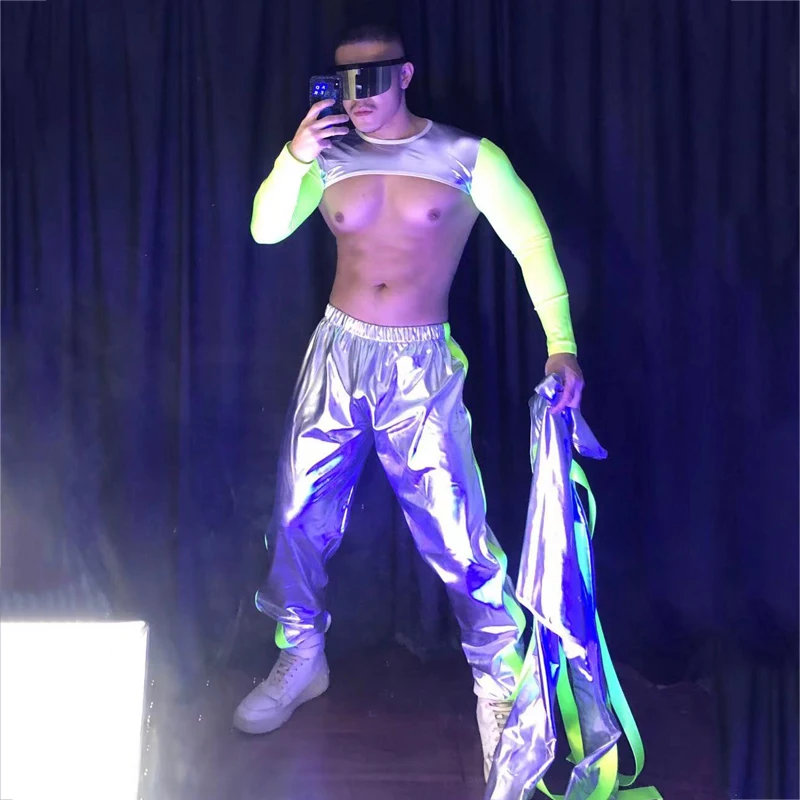 Silver Futuristic Technology Set Men Sexy Gogo Costume Nightclub Bar Fluorescent Outfit Reflective Hooded Jacket Pants XS2669 images - 4