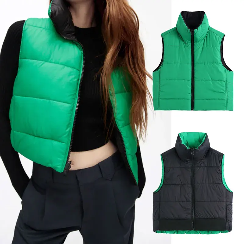 

Женский укороченный жилет Za, Повседневный хлопковый двухсторонний жилет на молнии с воротником-стойкой, осень 2021