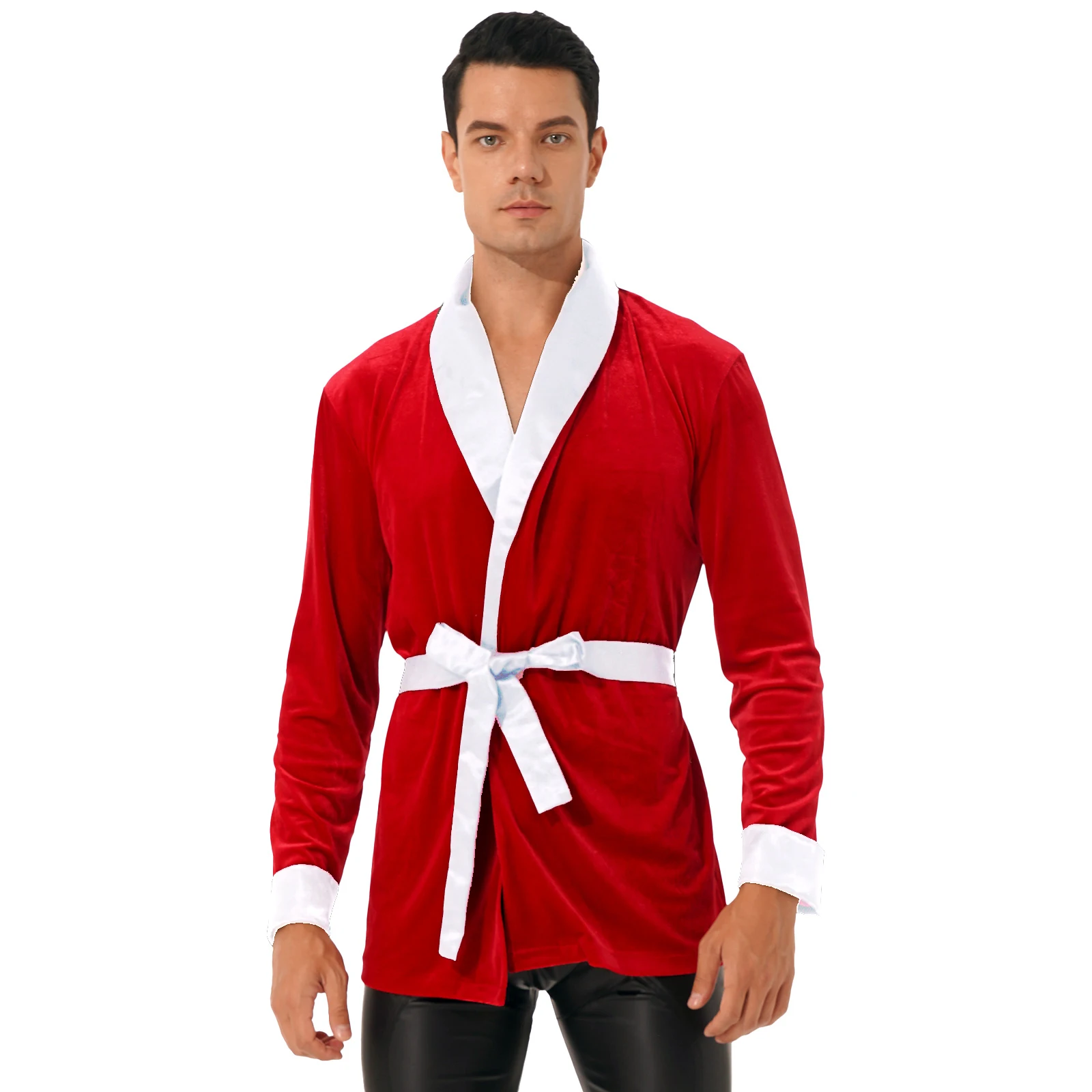 Mens Christmas Velvet Cosplay Costume Kimono Bathrobe Jacket Shawl Nightwear Long Sleeve Faux Fur Trim Night-robe Tops with Belt