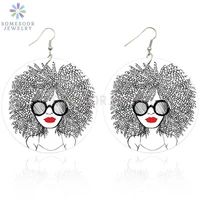 somesoor afro poppin girl natural hair wooden drop earrings both sides print african wood pendant dangle jewelry for women gifts