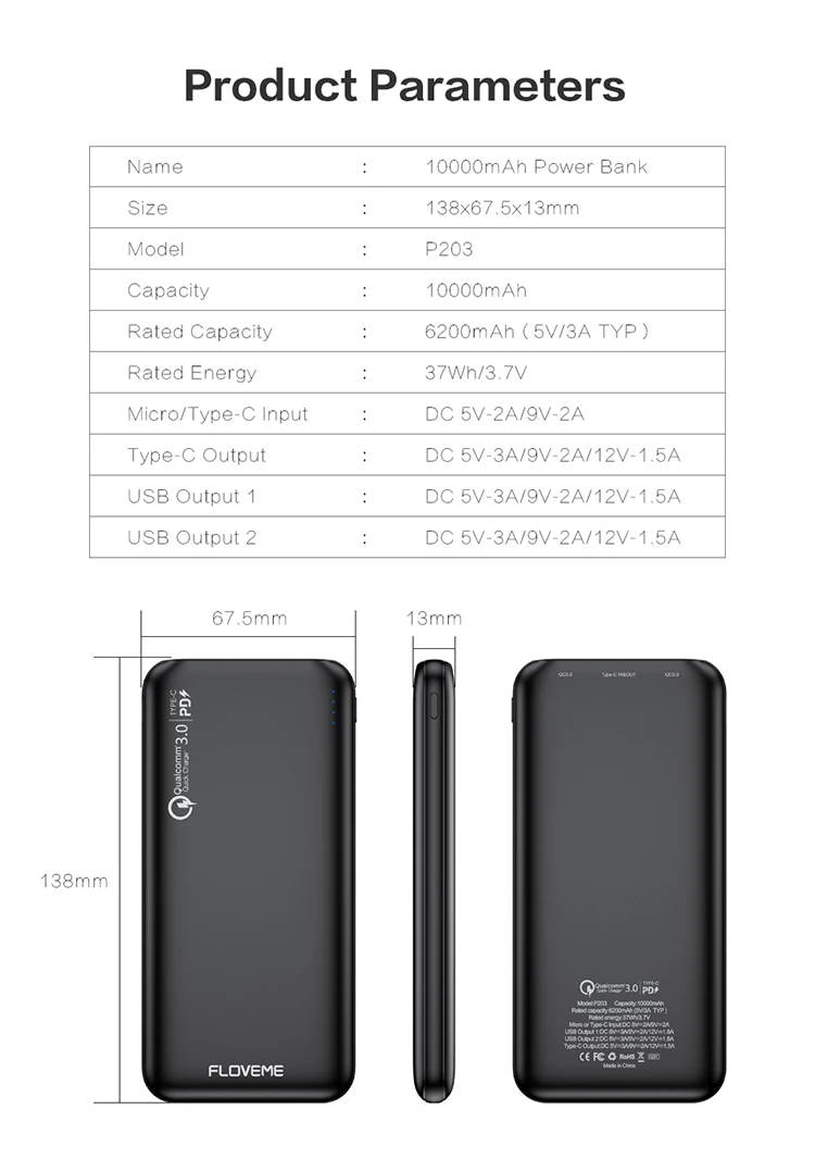 FLOVEME QC 3,0 внешний аккумулятор 10000 мАч портативное зарядное устройство Быстрая зарядка двойной USB выход внешний аккумулятор Мобильный Внешний аккумулятор для Xiaomi