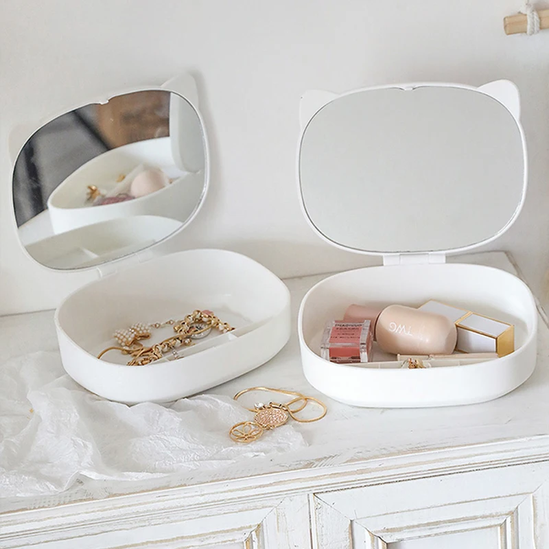 

Pure Color Storage Box Female Outing Makeup Touch-Up With Mirror Integrated Jewelry Lipstick Dressing Table Shelf Tray Small Box