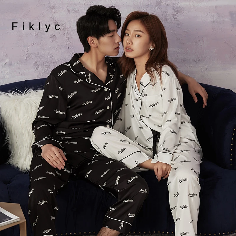 

Fiklyc Big Size Women Men Lovers' Spring Autumn Pajamas Sets Ice Silk Satin Printed Casual Home Clothing Lovely Couple Nightwear