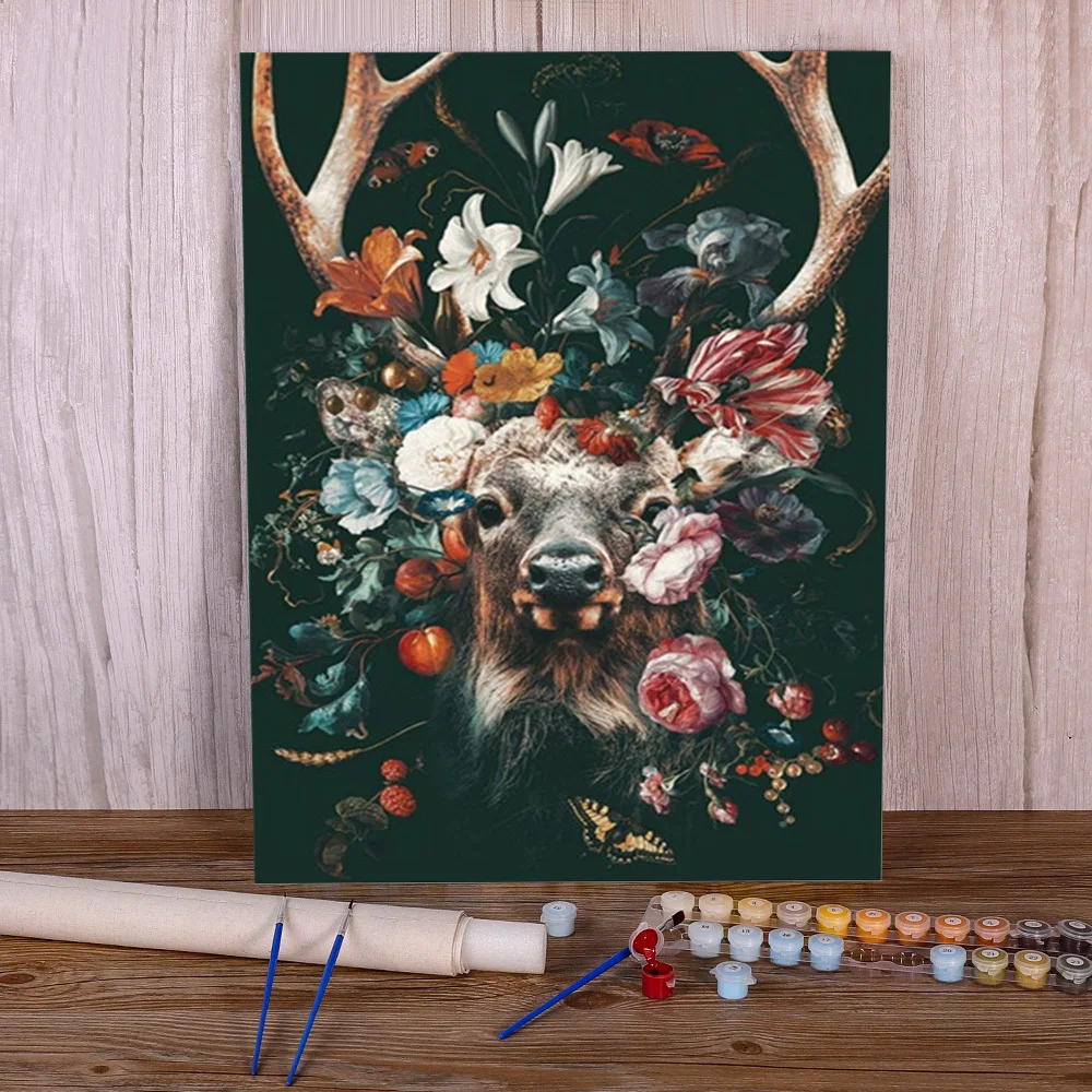 Deer With Flowers Coloring By Numbers Painting Kit Acrylic Paints 40*50 Canvas Pictures Decorative Paintings  Kids     Art