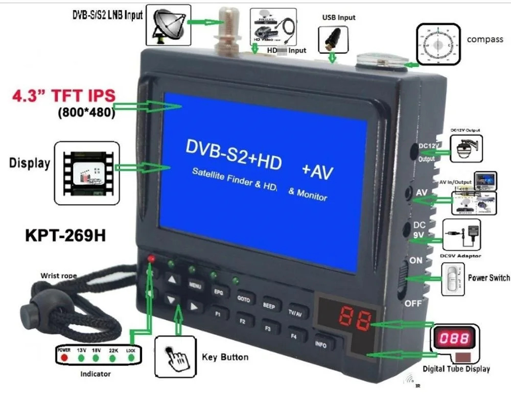 KPT-269H DVB-S2 цифровой сигнал Finder метр Full HD спутниковый ТВ приемник MPEG-4 DVB-S искатель |