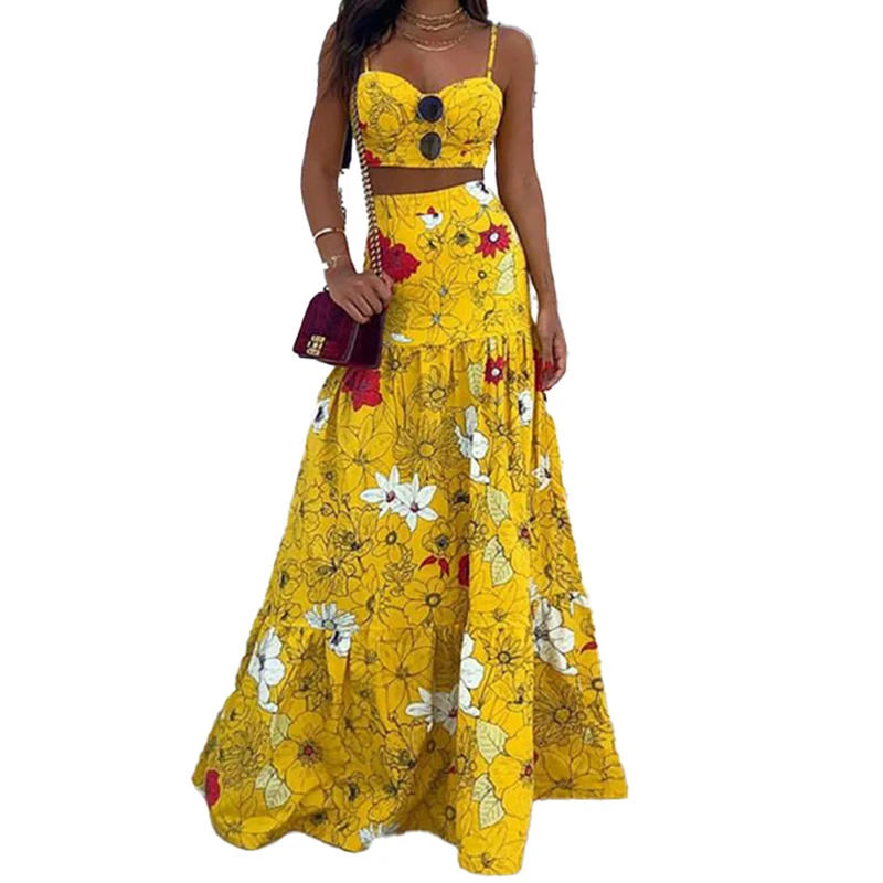 

2021 summer Bohemian print sexy suspender two piece dress set women's Corset elegant beach skirt women's long skirt