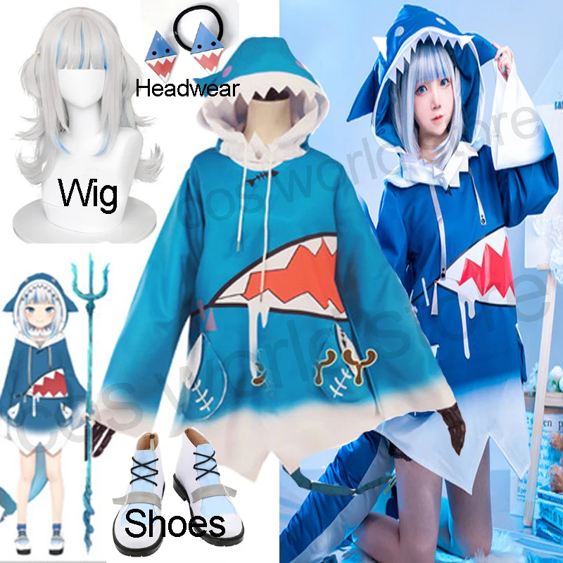 

Женский костюм для косплея Hololive Gawr Gura, полный комплект головы для хэллоуивечерние