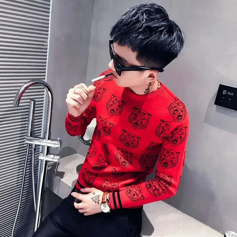 

Tiger head sweater autumn and winter long sleeve sweater men's top social base shirt men mens sweater