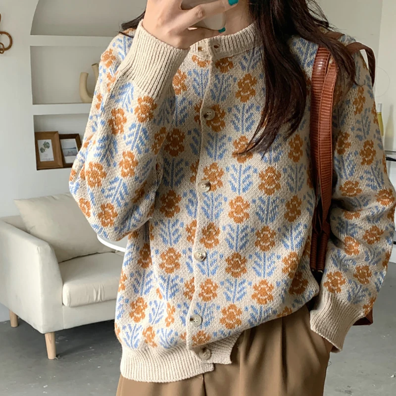 

Knitted Cardigan Fashion Korean Floral Womens O Neck Slim Button Knitwear Femme Long Sleeve All-Match Casual Knit Sweater Female