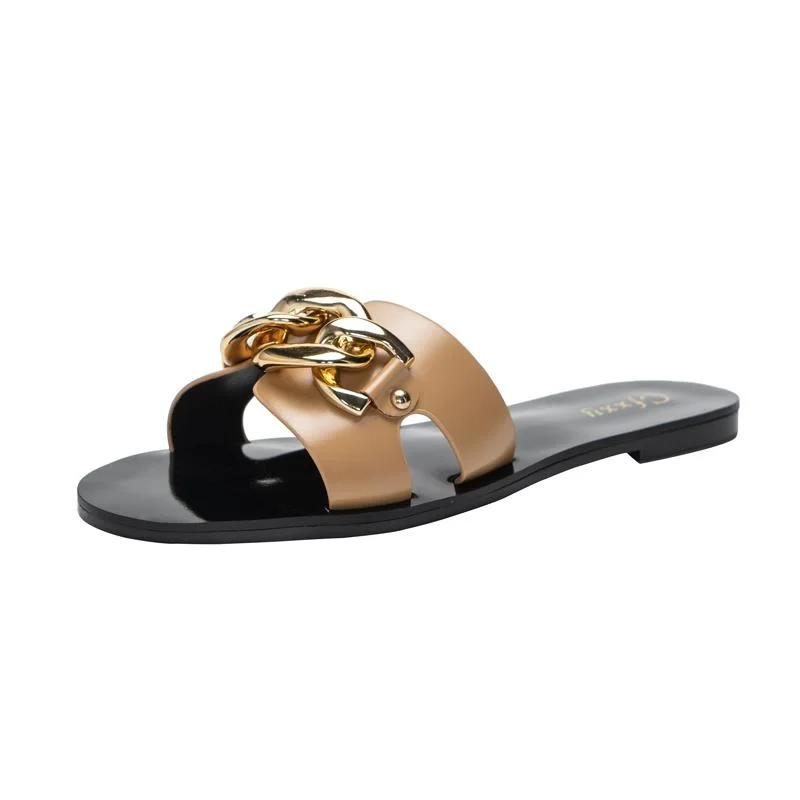 

Nieuwe Dames Slippers Zomer Slides Fashion Zwart Metalen Ketting Versierd Platte Ronde Neus Vrouwen Slides Vrouwelijke Strand