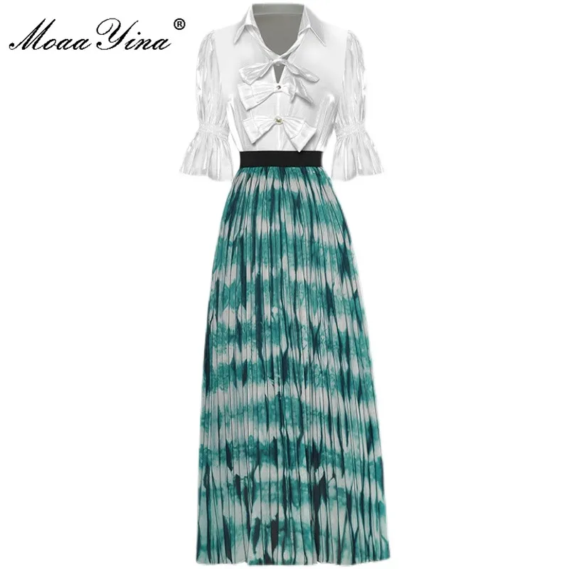 

Женский костюм-двойка с юбкой MoaaYina, белая рубашка с коротким рукавом и бантом и плиссированная юбка с принтом, лето 2019