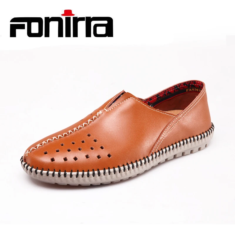 

FONIRRA Men Casual Shoes With Hole 2020 Summer Loafers Men Breathable Slip on Size 38-44 Men Shoes Soft Cow Leather Flat 401