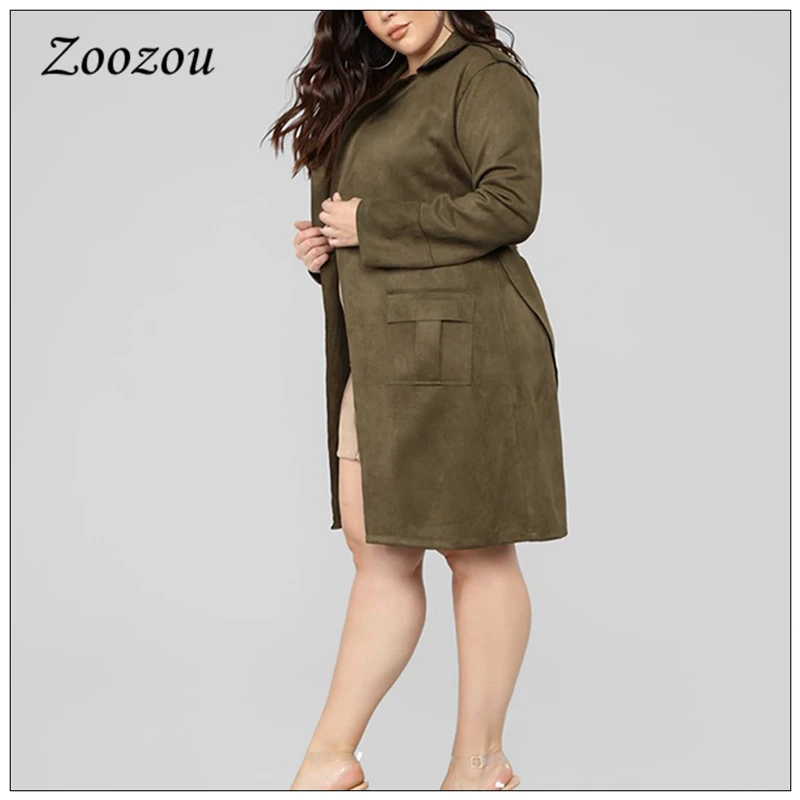 Plus Size Loose Suede Leather Trench Coat Women Winter Tie Belt Warm Outwear Lady Faux Leather Casual Vintage Long Jacket Custom