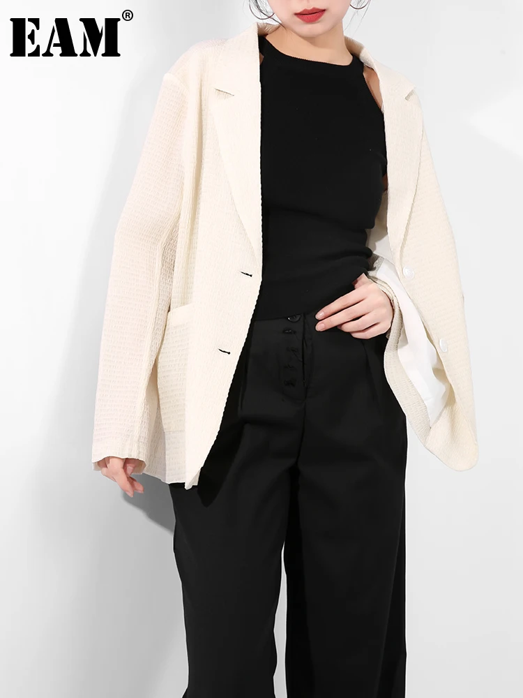 

[EAM] Women Thin Sunscreen Apricot Blazer New Lapel Long Sleeve Loose Fit Jacket Fashion Tide Spring Autumn 2021 1DE022704