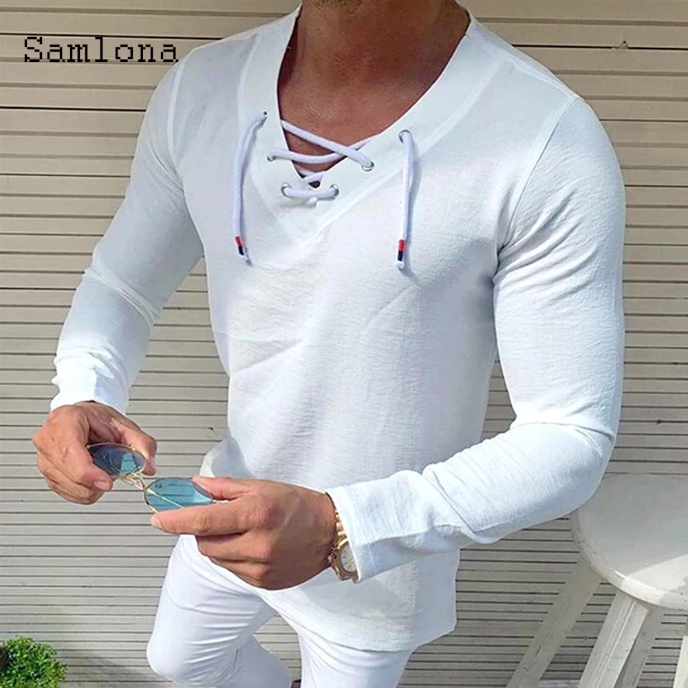 

Samlona Fashion Tops Drawstring Collar Design Solid color Pullover Men Shirt 2020 Summer Casual Slim Fitted Blouse Men clothing