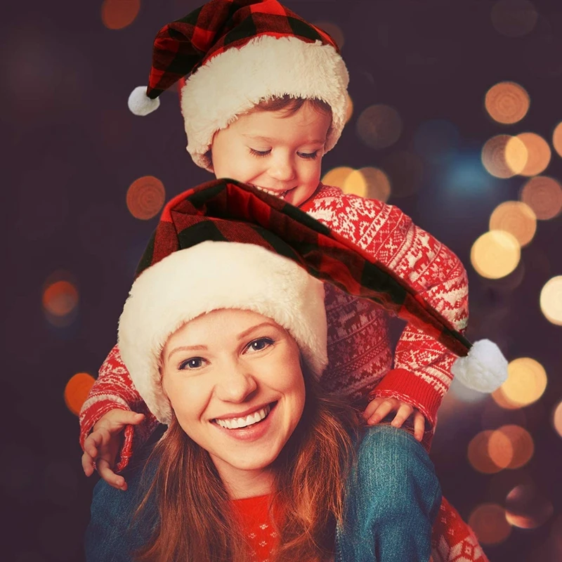 

Christmas Santa Hat Red and Black Plaid Santa Hat Luxury Plush Hat for Christmas Costume Party and Holiday Event,12 PCS